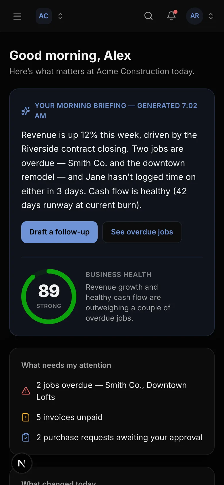 3Stone One mobile dashboard view showing the morning briefing and Business Health score