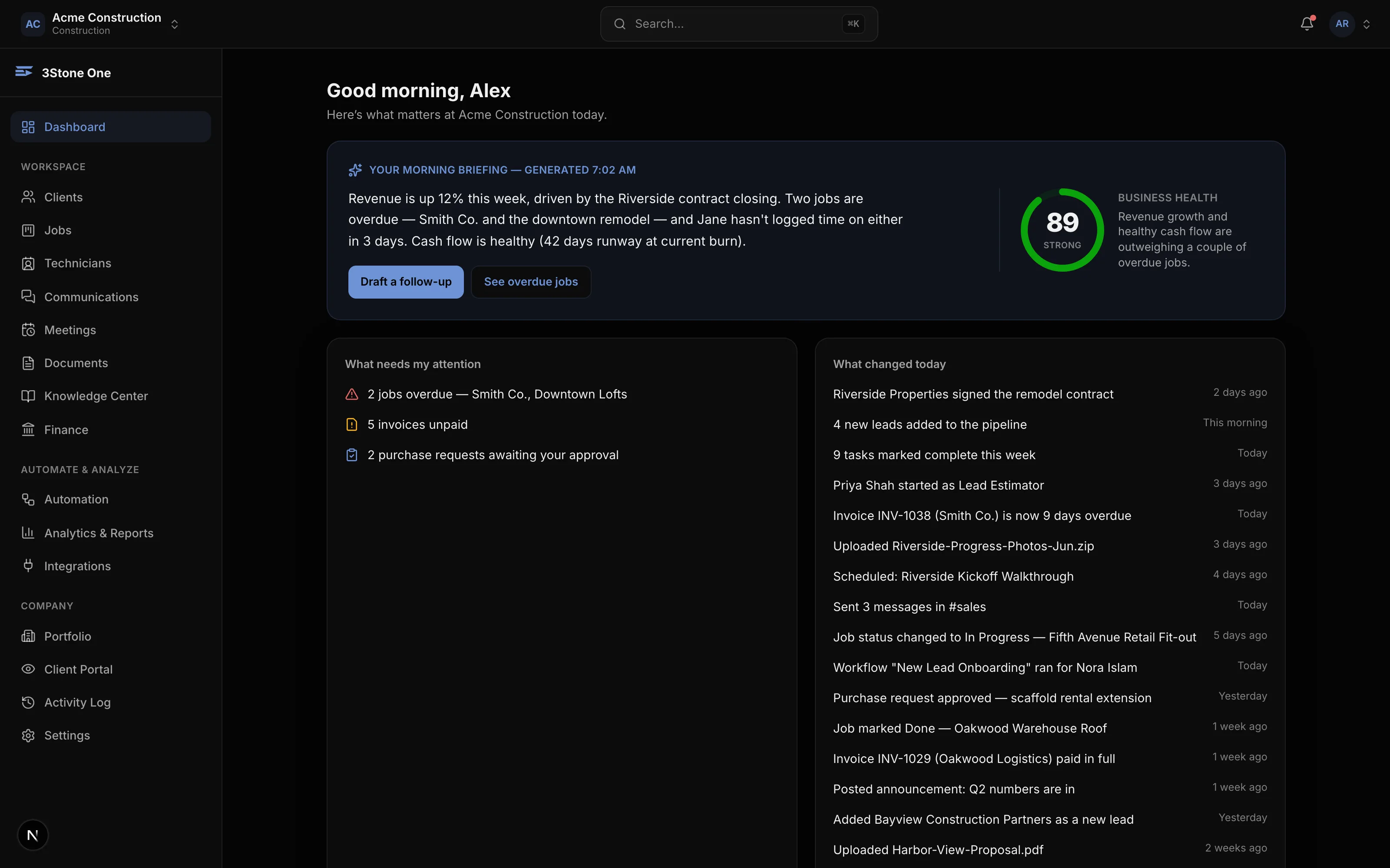 3Stone One executive dashboard showing a morning briefing, a Business Health score, and revenue charts for Acme Construction