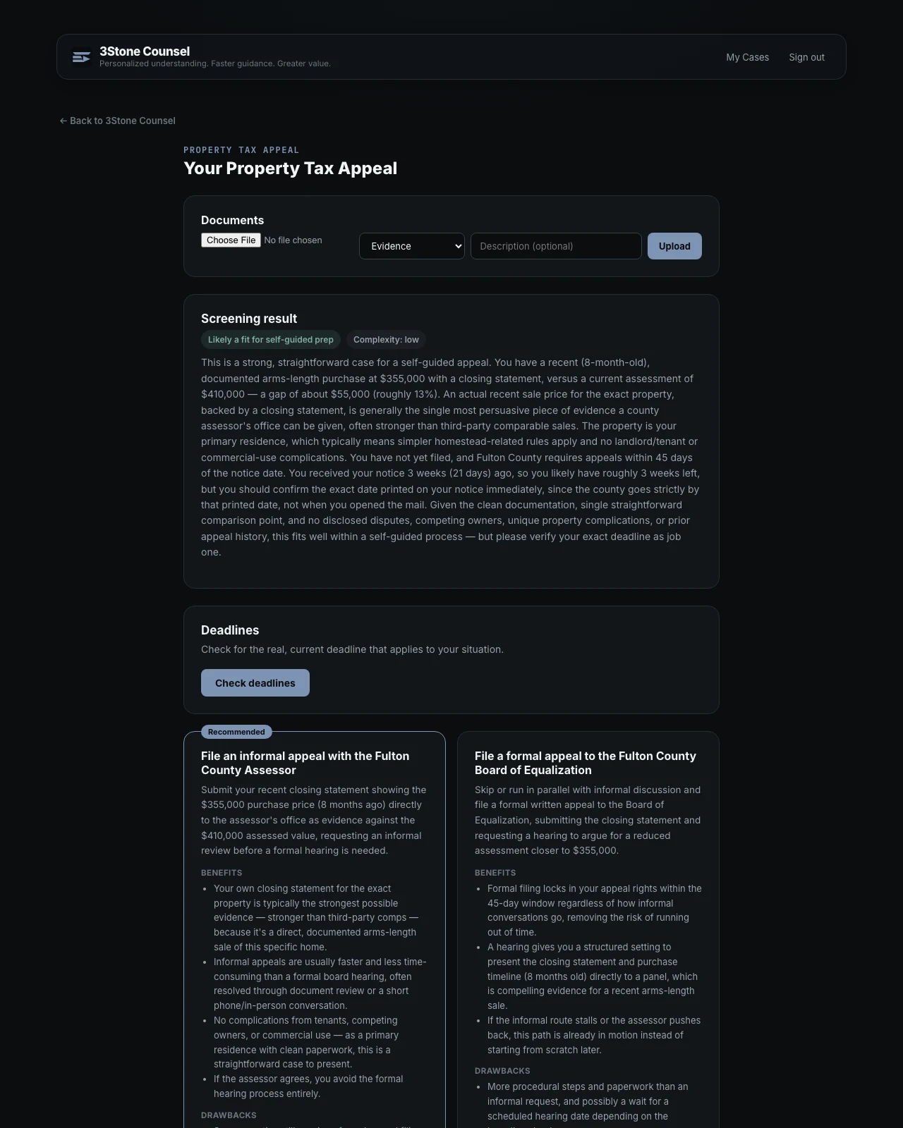 3Stone Counsel case workspace showing a screening result and personalized options with benefits and drawbacks