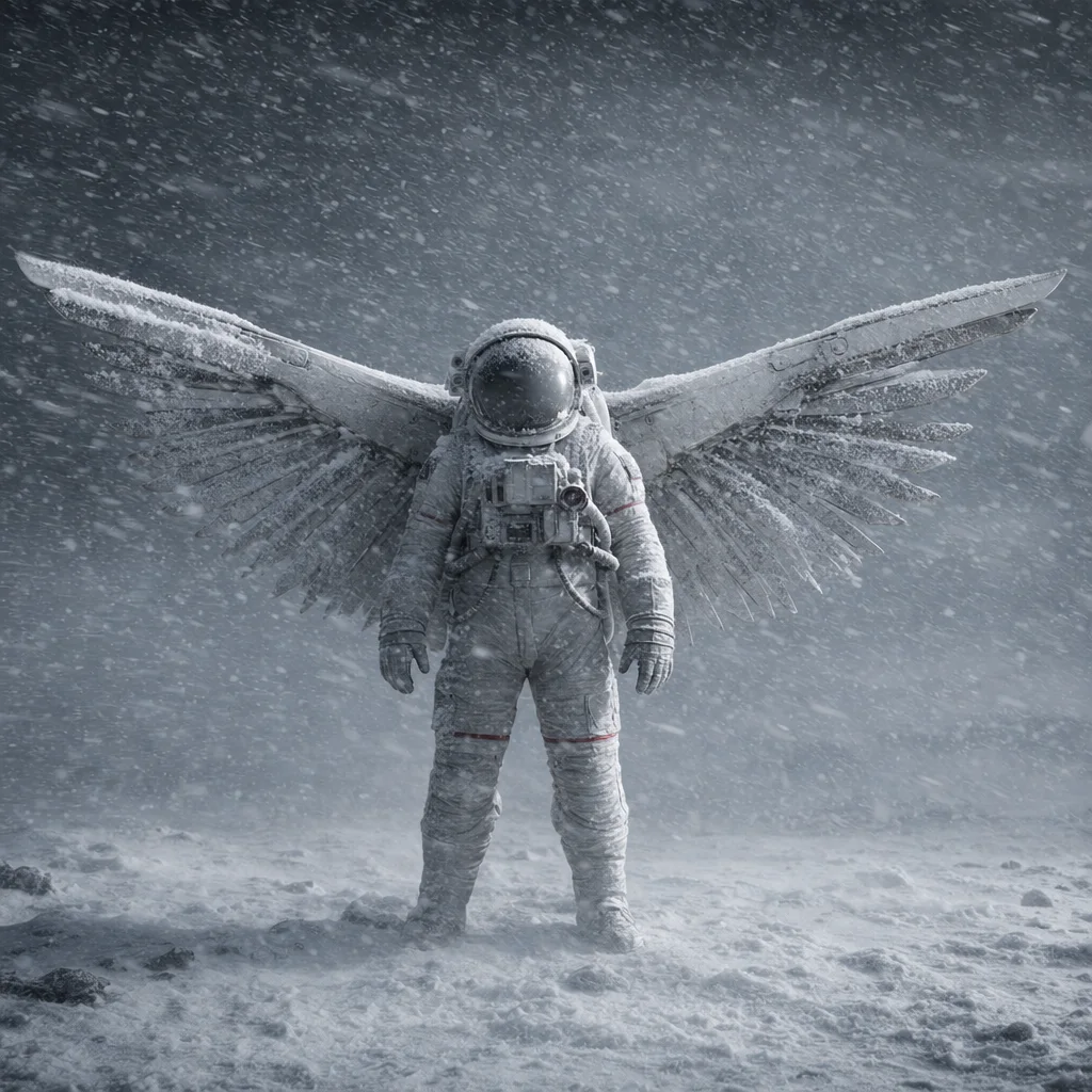 A cinematic astronaut walking through a snowstorm, created with 3Stone